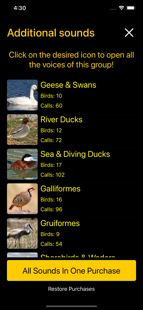 A list of bird categories including ducks and swans with an option to purchase all sounds in the app