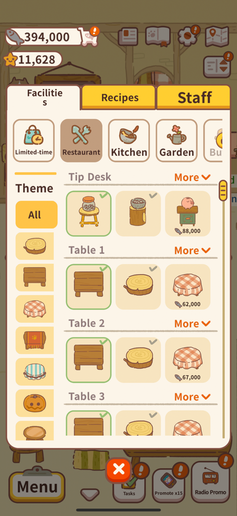 animal restaurant - Screenshot del menu di personalizzazione delle strutture in Animal Restaurant che mostra varie opzioni di tavolo e bancone mance in un accogliente stile disegnato a mano