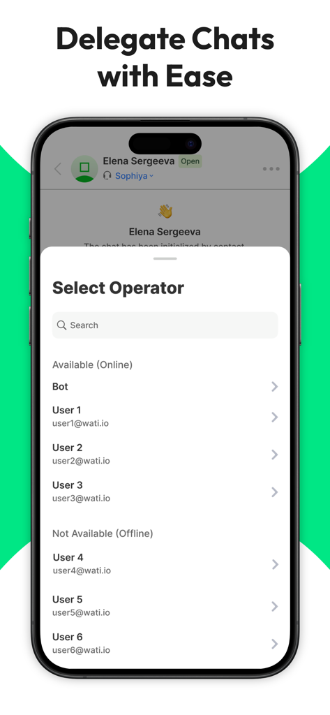 Interface of the WATI app showing the select operator screen to delegate WhatsApp chats to team members