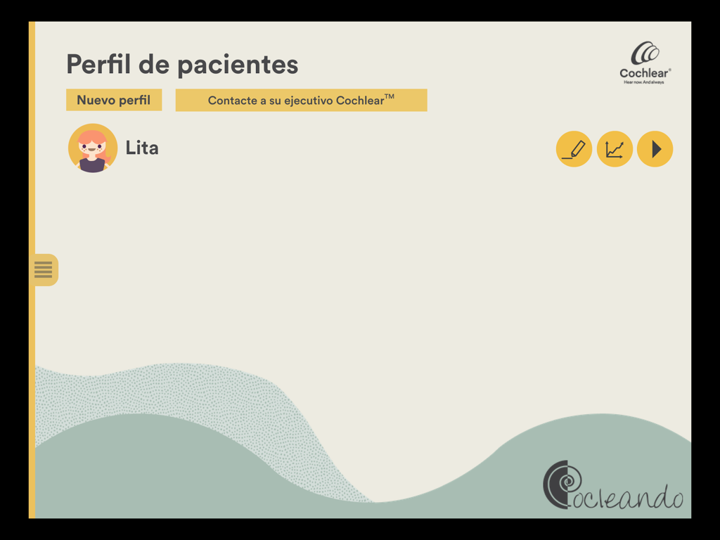 Pantalla de perfil de paciente en la aplicación Cocleando que muestra un perfil de usuario para el seguimiento de la terapia auditiva.