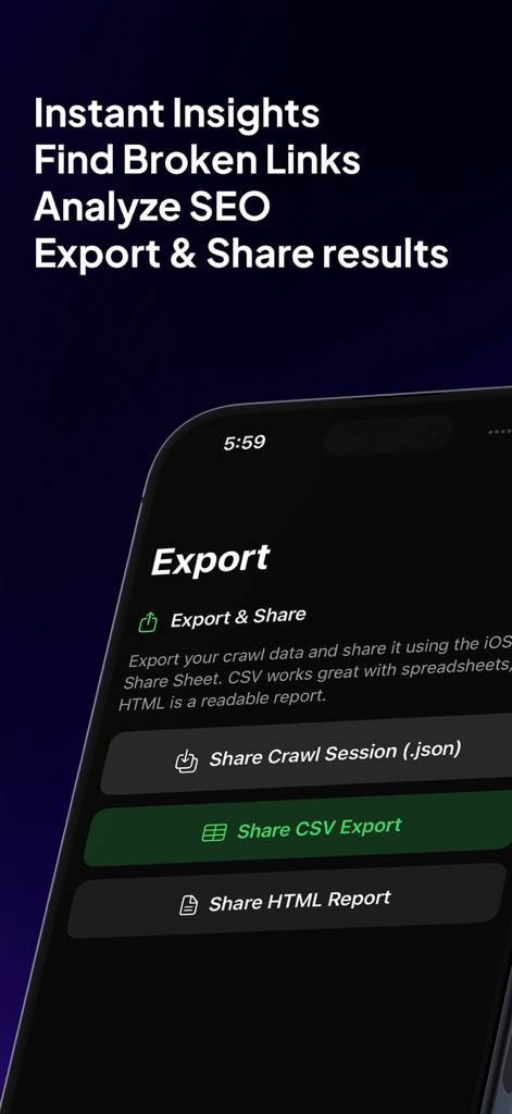SEO Tracer: Site Audit - SEO Tracer app showing export options for website audits including CSV HTML and JSON formats
