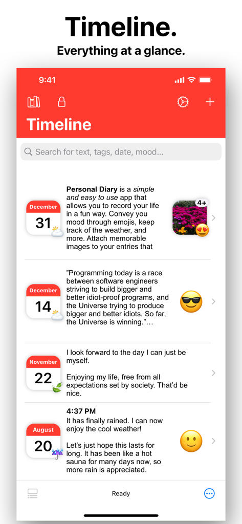 Personal Diary (Journal) App - Vista de línea de tiempo de la aplicación Diario Personal que muestra una lista cronológica de entradas de diario con emojis de estado de ánimo e iconos de clima