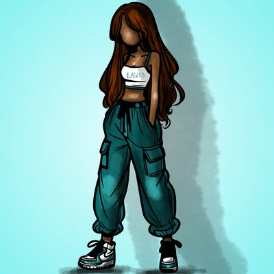 girl in baggy pants crop top and long hair