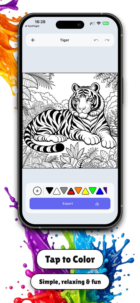 Coloring Book: Paint & Art - Una pantalla móvil que muestra una ilustración de tigre en blanco y negro para colorear en la aplicación Libro de Colorear Pinta y Arte