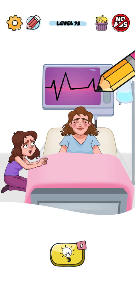 A puzzle game level where the player draws a missing heartbeat line on a monitor