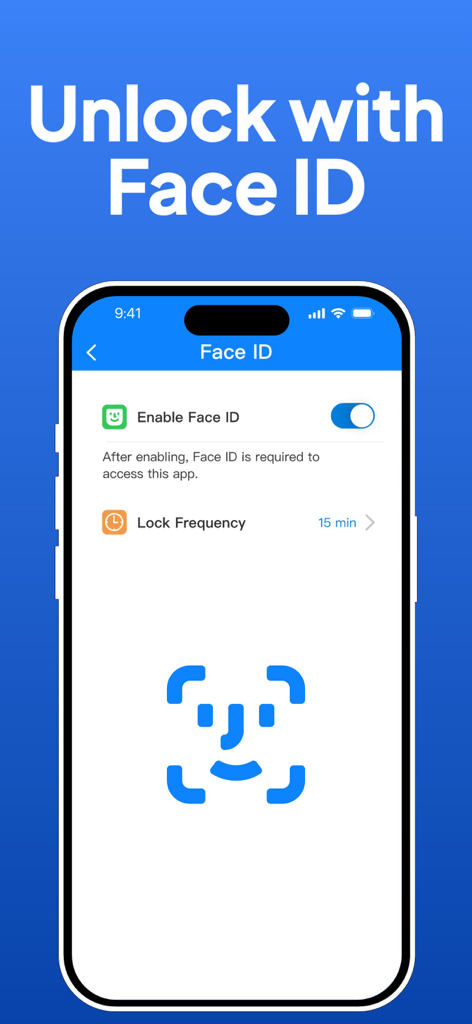 Interfaz de la Authenticator App mostrando la configuración de desbloqueo con Face ID para acceso seguro