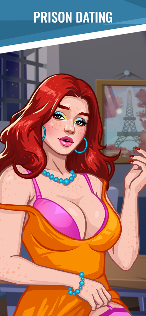 Hoosegow: Prison Survival - A stylized illustration of a red haired woman for the prison dating feature in Hoosegow