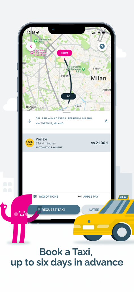 URBI - your mobility solution - Tela do celular mostrando a interface do aplicativo URBI para reservar um táxi em Milão com mapa de rota e estimativa de preço.