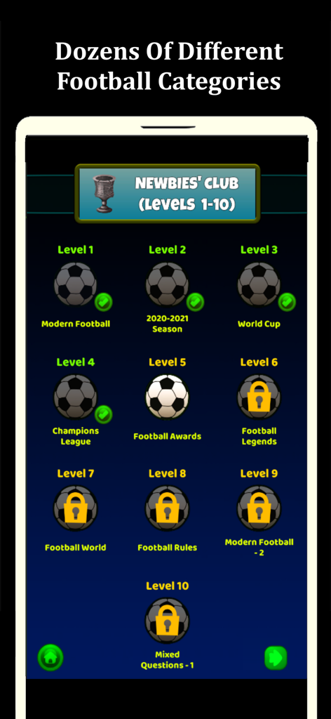 Football Quiz - Trivia 2026 - Football quiz game screen showing different trivia categories like World Cup and Champions League across multiple levels