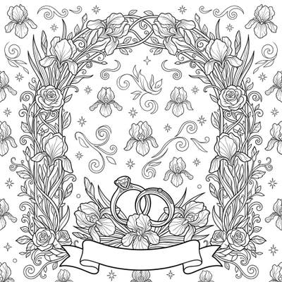 Immerse yourself in the romance of a wedding celebration with this intricate coloring page featuring beautiful reblooming irises. Discover elegant floral arches, delicate roses, and symbolic wedding rings awaiting your creative touch.