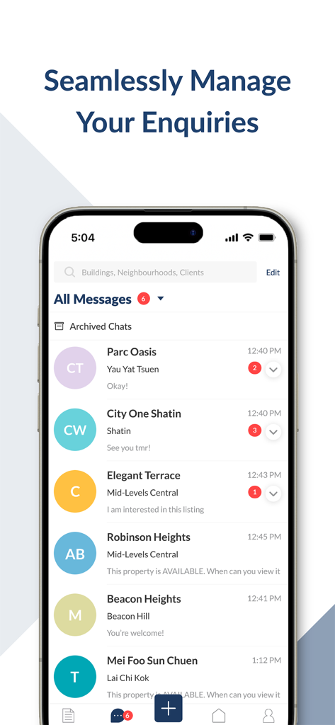 Spacious千居 Lister - Spacious Listerアプリのモバイルインターフェースに、さまざまな物件に対するメッセージと問い合わせのリストが表示される。
