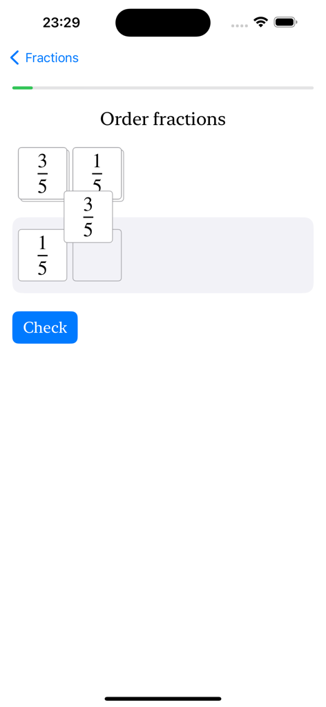 Fraction Steps: Learn Visually - An interactive mobile app screen showing a math exercise to order fractions by dragging tiles.