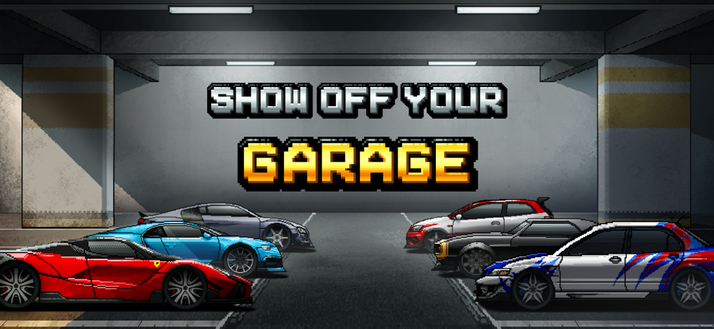 Una colección de coches de carreras de arte pixelado en un garaje virtual