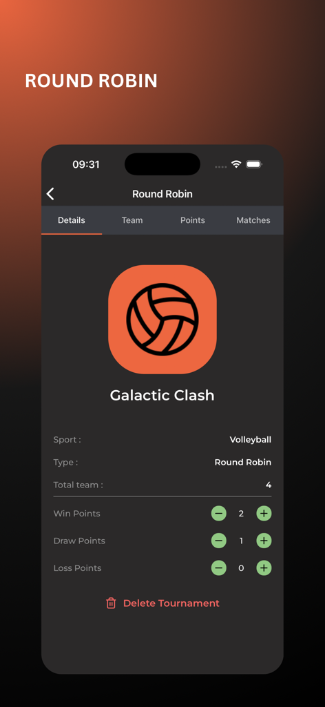 Bracket & Scheduler - Einrichtungsbildschirm für ein Round Robin Volleyballturnier in der Bracket and Scheduler App