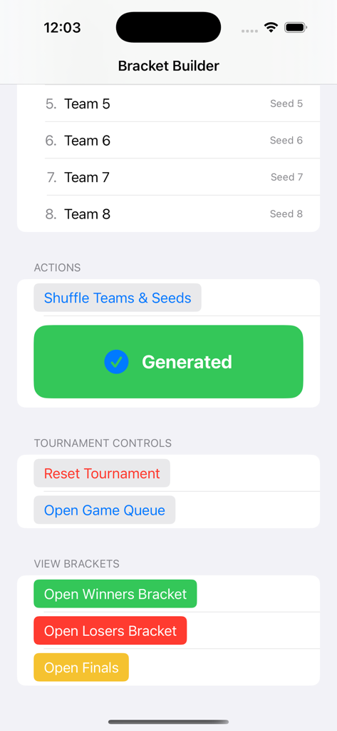 TBracket Builder - TBracket Builder app interface showing tournament management controls including bracket generation and team seeding options