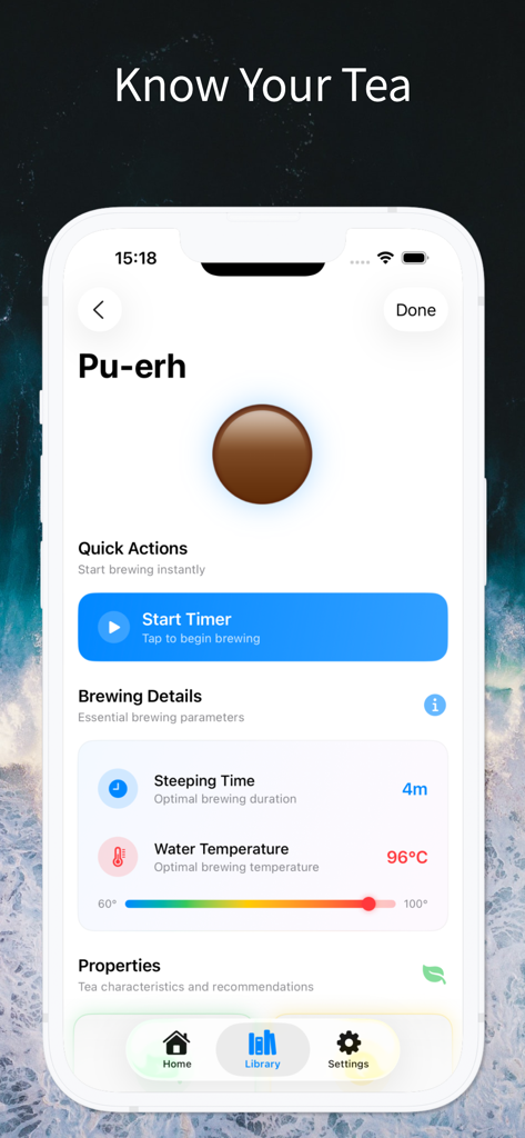 Steep: Tea Timer & Brew Guide - Steep app interface showing Pu-erh tea brewing details with steeping time and water temperature