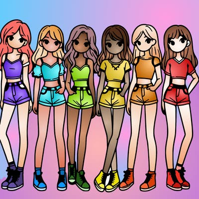 a group of girls wearing crop tops and shorts