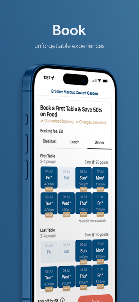 First Table app interface showing restaurant booking options and fifty percent discount on food