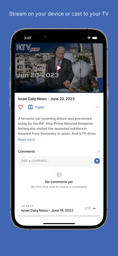 ILTV News - ILTV News App-Oberfläche, die ein Nachrichtenvideo über Israel auf einem Mobiltelefon anzeigt