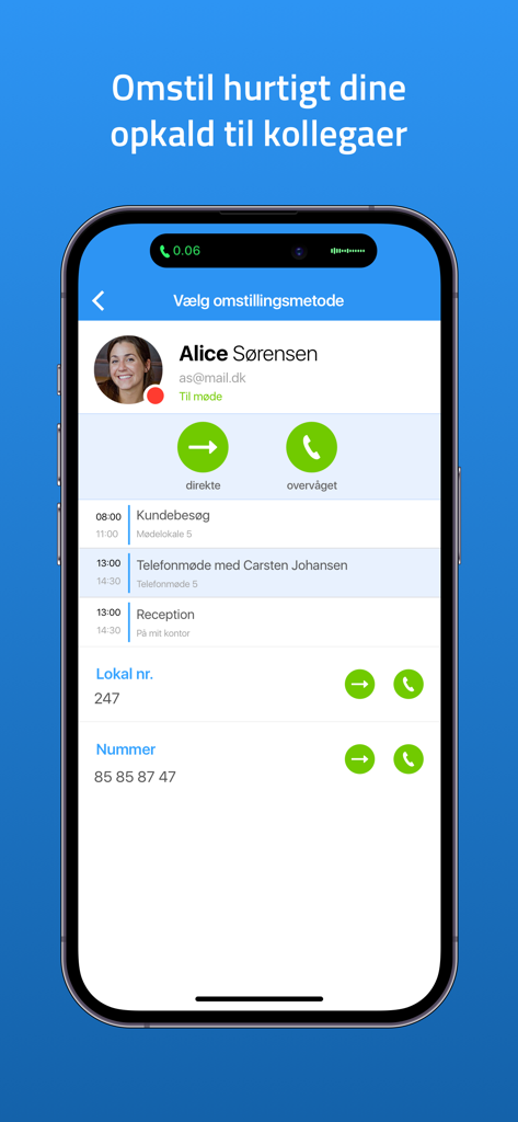 Myfone app interface for transferring calls to colleagues with real-time status