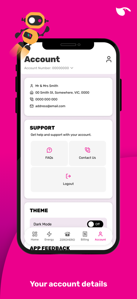 GloBird - Screenshot of the GloBird app account page showing user profile information and support options