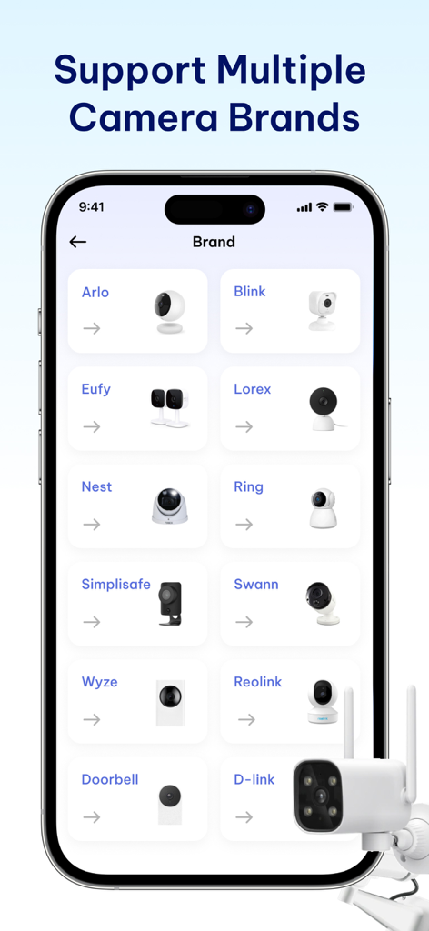 Security Camera Auto Connect - Una interfaz de aplicación móvil que muestra una lista de marcas de cámaras de seguridad compatibles, incluidas Arlo, Blink, Ring y Nest.