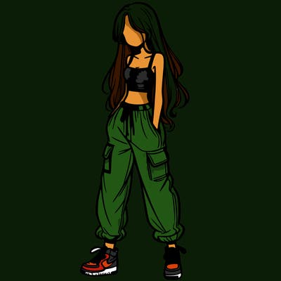 girl in baggy pants crop top and long hair