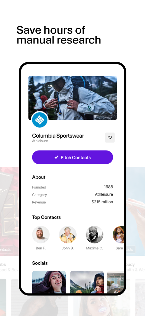 Pitch’em – Land Brand Deals - Screenshot of the Pitchem app showing brand details and professional contacts for Columbia Sportswear to help creators land brand deals.