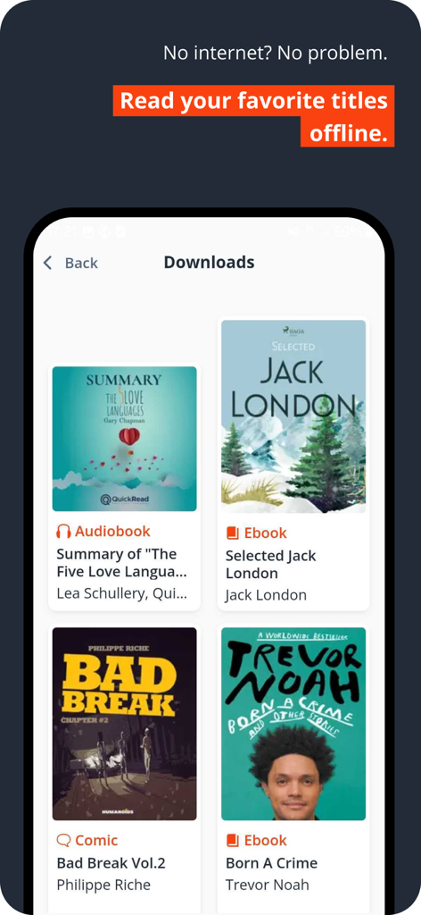 YouScribe app screen showing downloaded audiobooks ebooks and comics available for offline reading