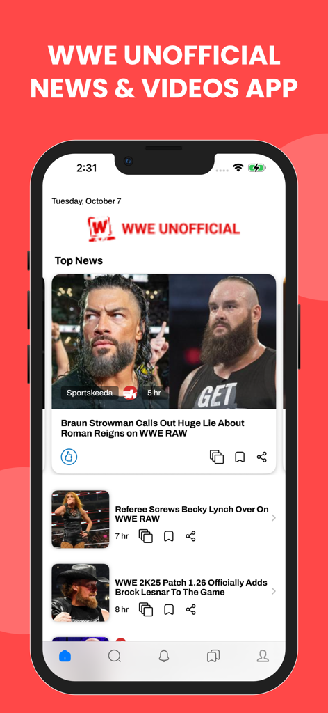 モバイルデバイス上のWWE非公式ニュース＆動画アプリのホーム画面。プロレスの見出しが表示されています。