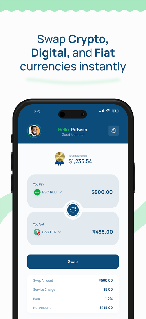 Taran App - Taran App mobile interface for swapping crypto digital and fiat currencies