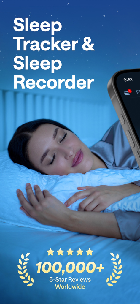 A woman sleeping comfortably next to a smartphone showing the Sleep Tracker and Sleep Recorder app interface with a 100000 plus 5 star reviews badge