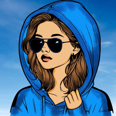 realistic teenage girl, wearing a hoodie and sunglasses
