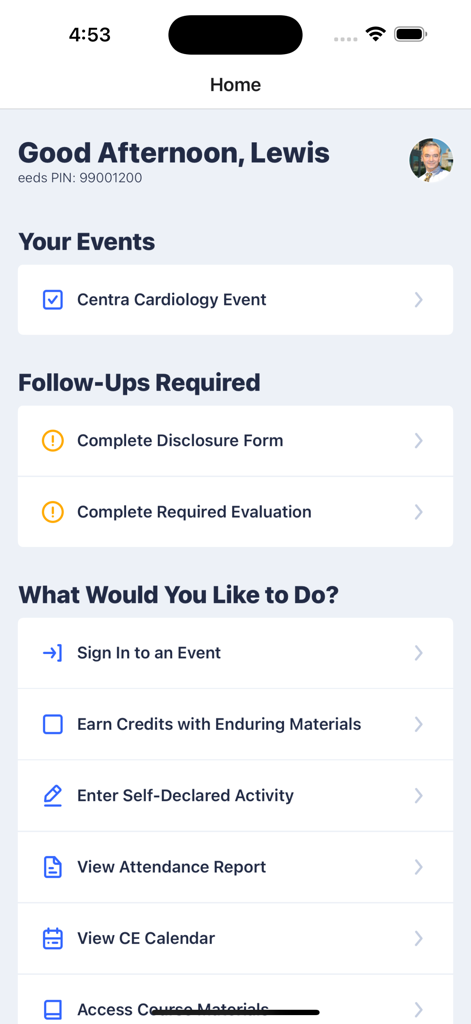 eeds Mobile - Dashboard of the eeds Mobile app for healthcare professionals showing events, required follow-up tasks, and quick actions for CME credit management.