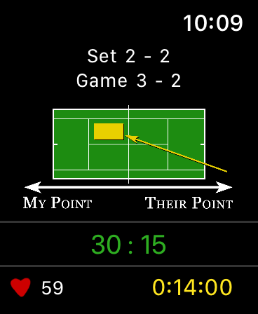 Tennis - Score Keeper - Apple Watch interface of Tennis Score Keeper app showing match scores and heart rate tracking