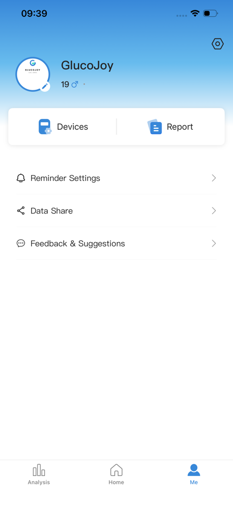 GlucoJoy - GlucoJoy app profile screen showing options for device management health reports and reminder settings
