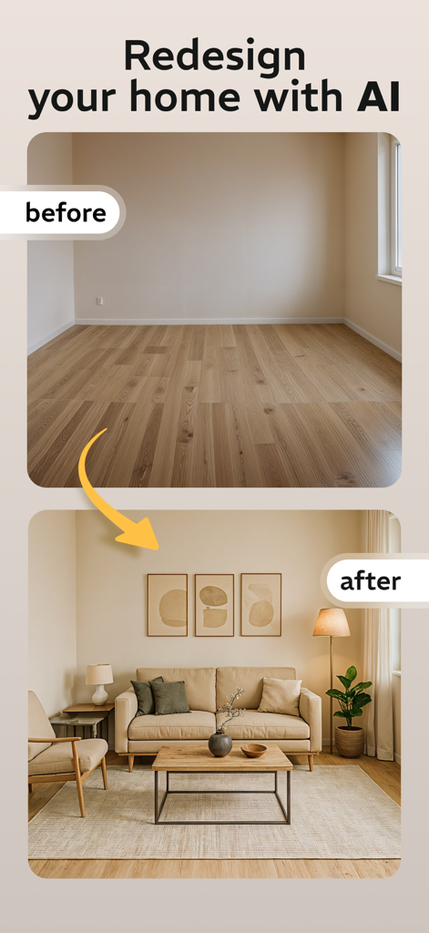 Before and after comparison of an empty room transformed into a furnished modern living room using AI