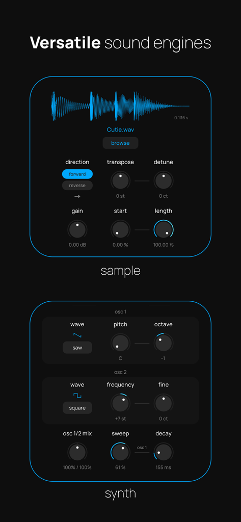 Polaris - Pocket Music Maker - Interfaz de la app de música Polaris con controles de motor de samples y sintetizador para diseño de sonido.