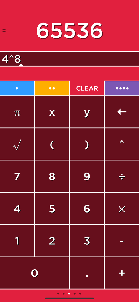 Interfaz de calculadora Solve que muestra un cálculo matemático con pestañas codificadas por colores sobre un fondo rojo.