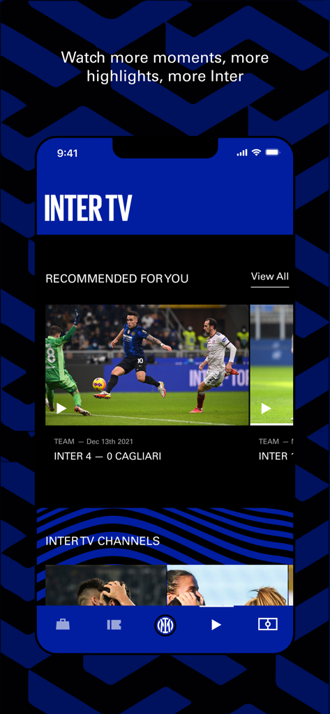 Inter Official App - Inter Official App showing the Inter TV section with match highlights and video content