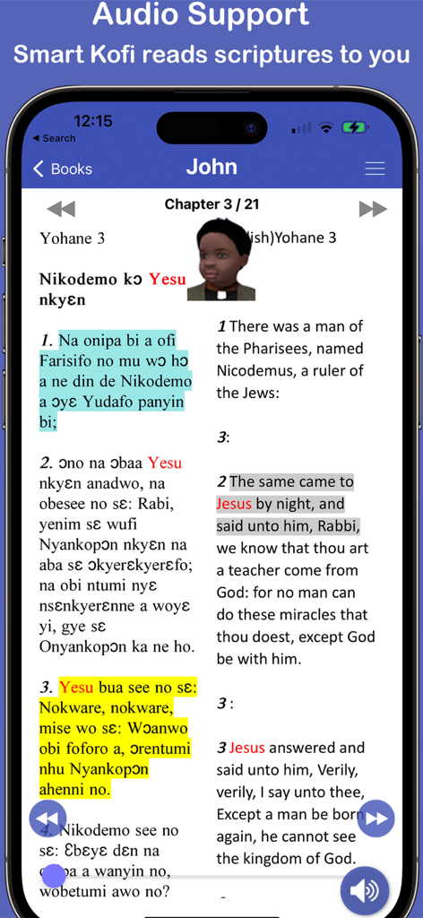 Mobile app interface showing Twi and English Bible verses in parallel mode with audio support and verse highlighting.