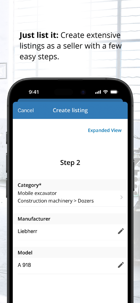 Machineseeker - Interface of the Machineseeker app showing how to create a listing for used industrial machinery.