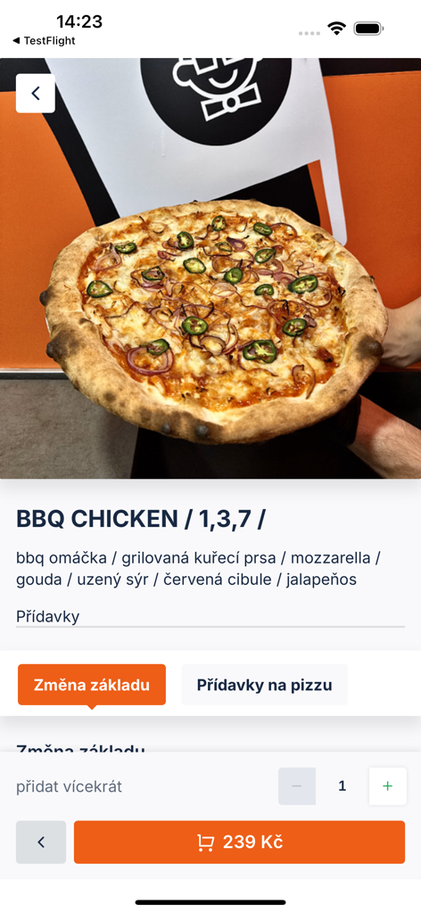 Salty - BBQ Chicken pizza ordering and customization screen in the Salty app