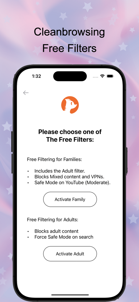 CleanBrowsing app interface showing free filtering options for families and adults