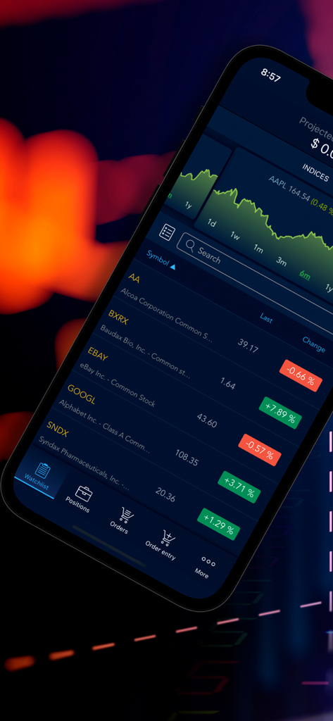 Tradoverse-App zeigt eine Aktien-Watchlist mit Echtzeit-Preisaktualisierungen und technischen Charts