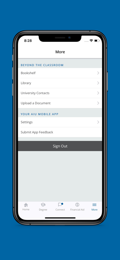 Menu Mais no aplicativo AIU Student Mobile mostrando opções para biblioteca de estante e contatos da universidade