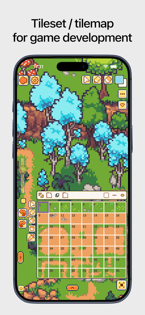 Pixquare app interface with tileset and tilemap tools for game development
