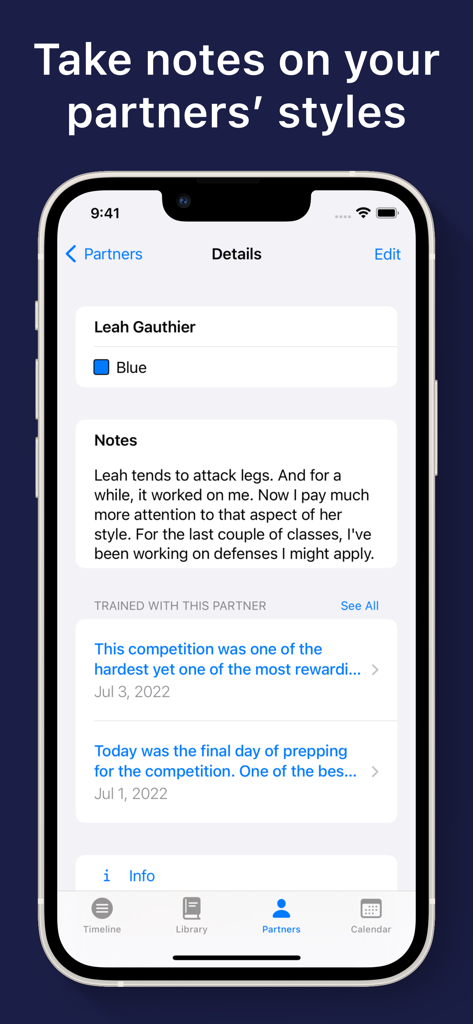 Martial Arts Training Journal - A smartphone screen displaying notes on a training partner's fighting style and past sessions.