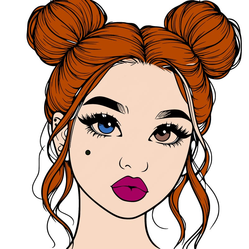 realistic girl with two buns on her hair and lips