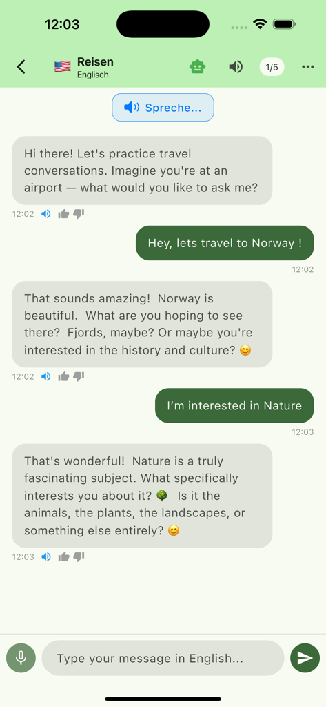 TalkBuddy - Mobile app chat interface showing a language practice session in English about traveling to Norway.